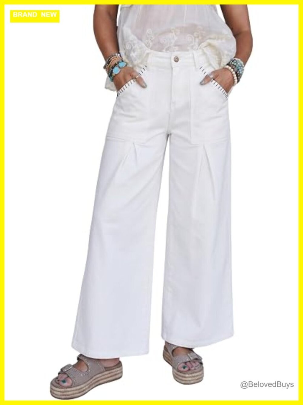 Womens Wide Leg Stretchy Denim Jeans High Waisted Loose Pleated Baggy Pants